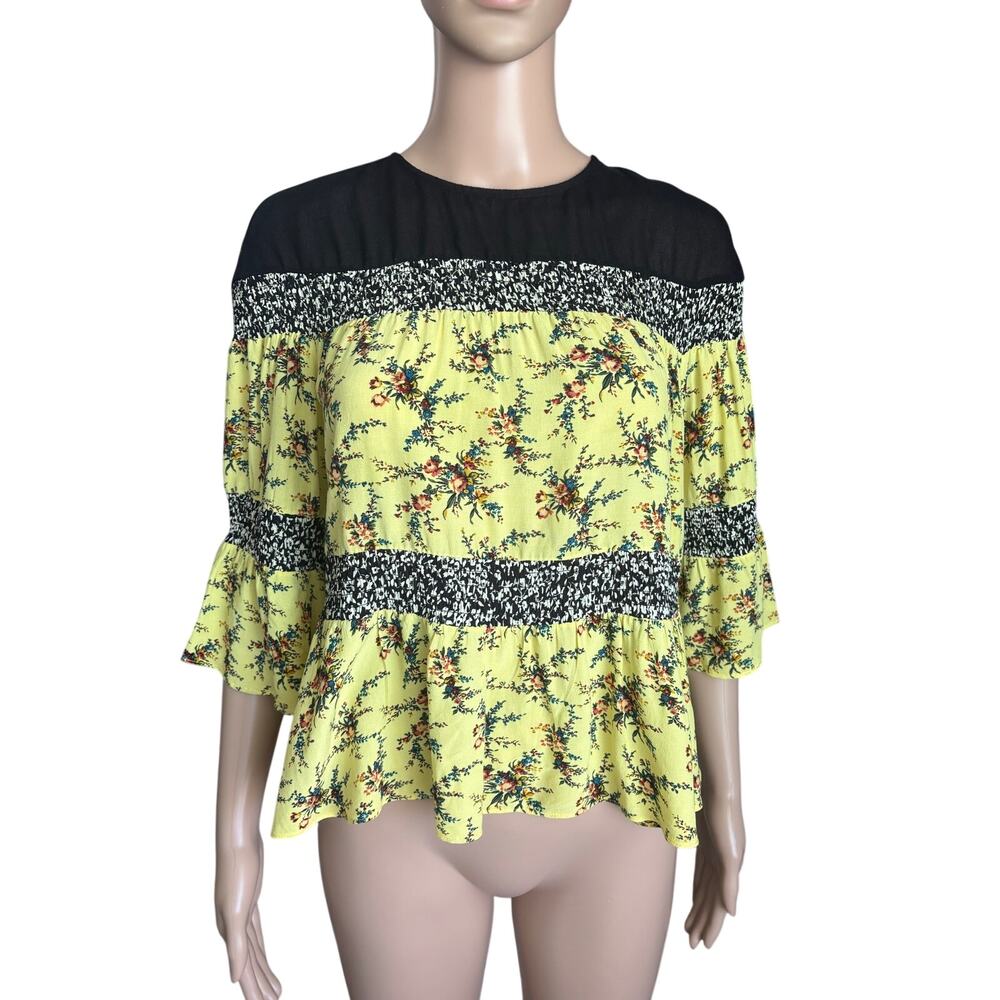 Sandro Paris Yellow Floral Peplum Blouse S Boho Cottagecore Romantic Top Sz 1